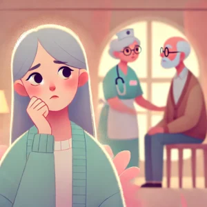 ragazza con espressione dubbiosa, sullo sfrondo una persona anziana in compagnia di una badante