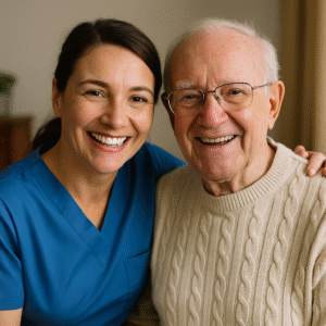 una badante ed un anziano sorridenti