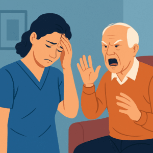 Un'mmagine che mostra un anziano arrabbiato e aggressivo nei confronti di un'operatrice