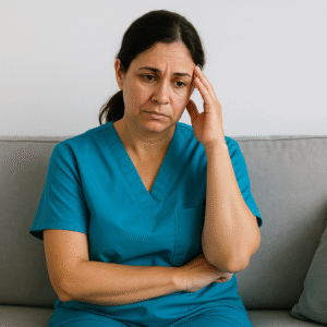 una badante con un'espressione infelice